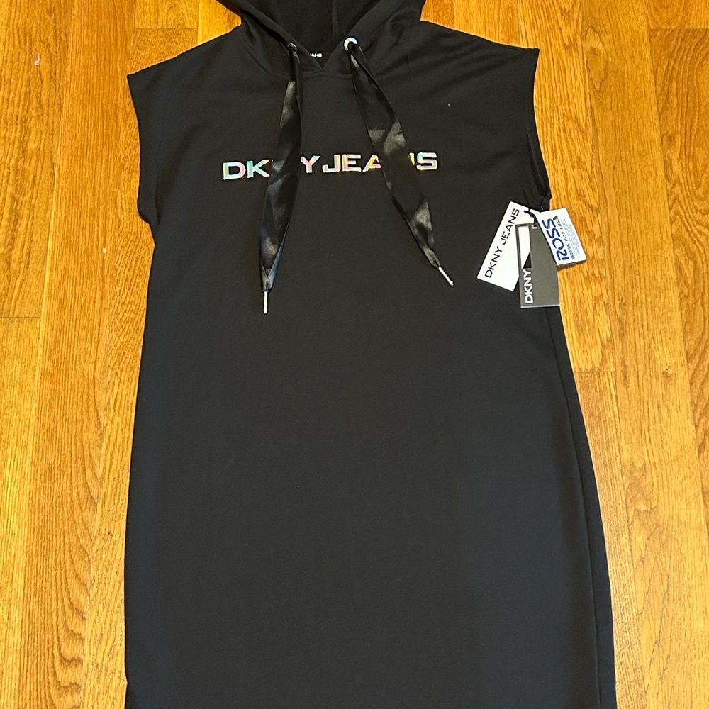 DNKY Logo Hooded Black Dress Size Medium
